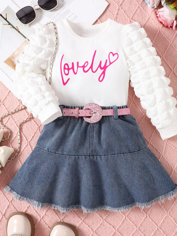 Children's Letter Long Sleeve Top and Denim Skirt Set