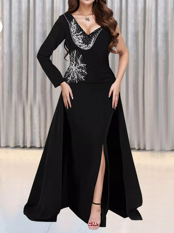 Slit Rhinestone One Shoulder Maxi Dress