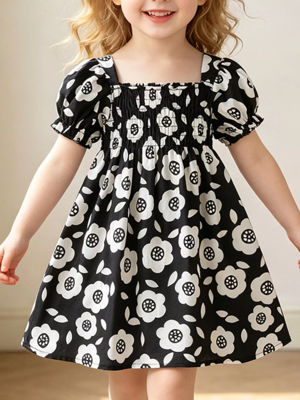 Children's Floral Print Square Neck Puff Sleeve Dress