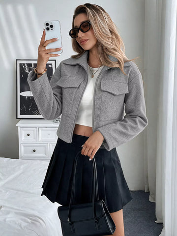 Zip Up Cropped Shacket with Flap Pockets