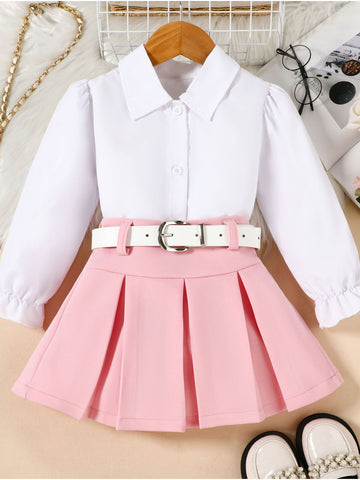 Children's Long Sleeve Shirt & Pleated Skirt Set with Belt