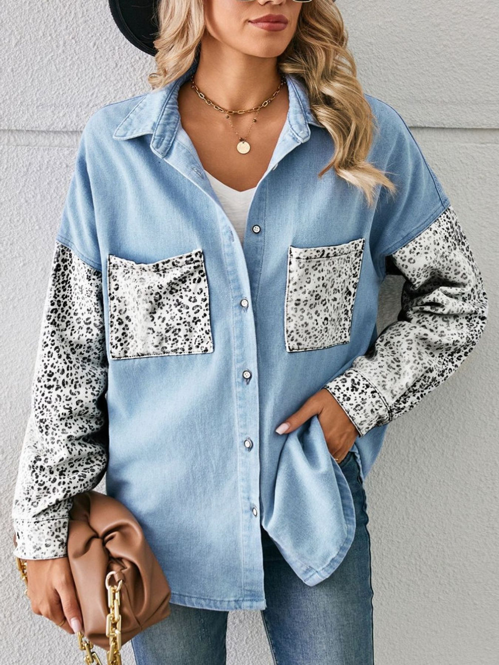 Leopard Patchwork Button Up Denim Shirt