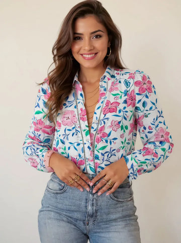 Button Front Floral Long Sleeve Shirt