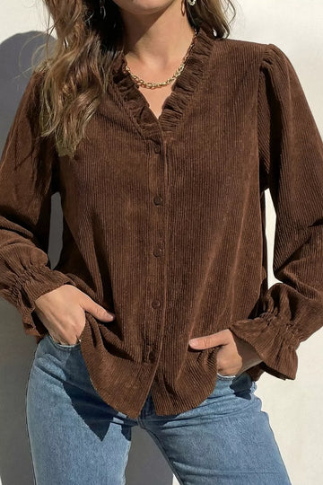 Ruffle Trim V Neck Corduroy Shacket