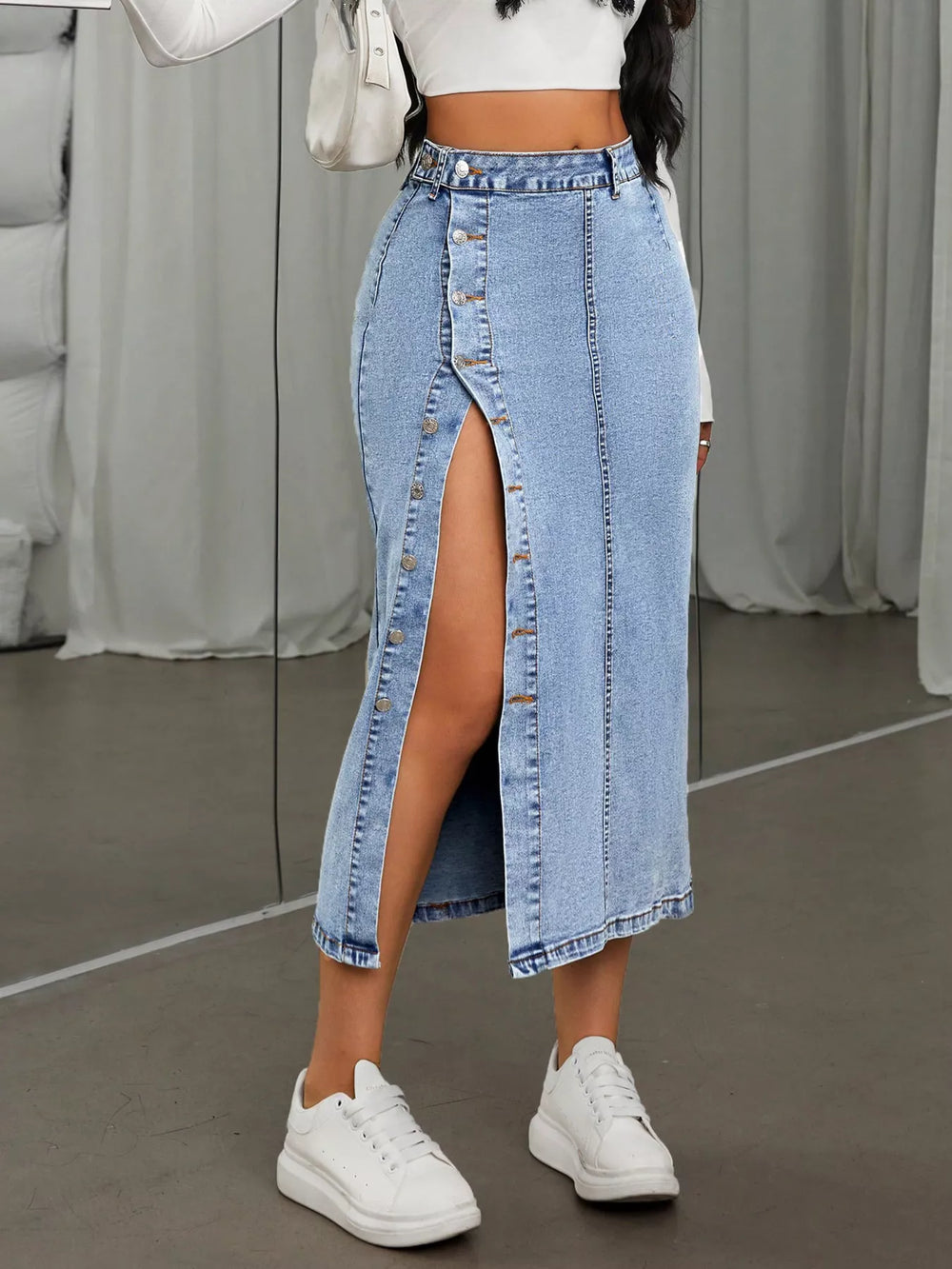 Side Button Slit Denim Midi Skirt