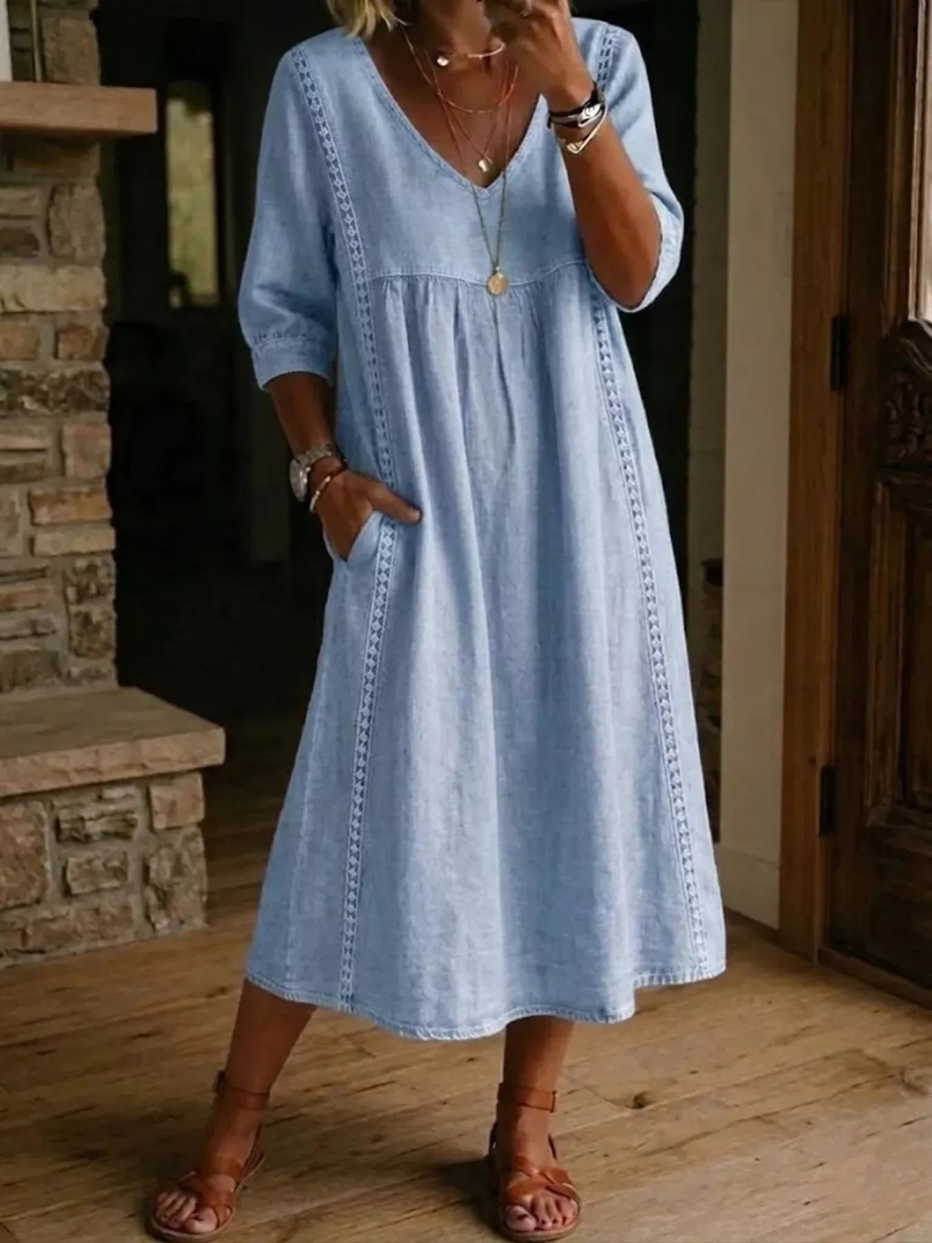 Full Size V-Neck 3/4 Sleeve Midi Dress Plus Size selected from Midi Dresses for The Perfect Middle: The Midi Dress Edit