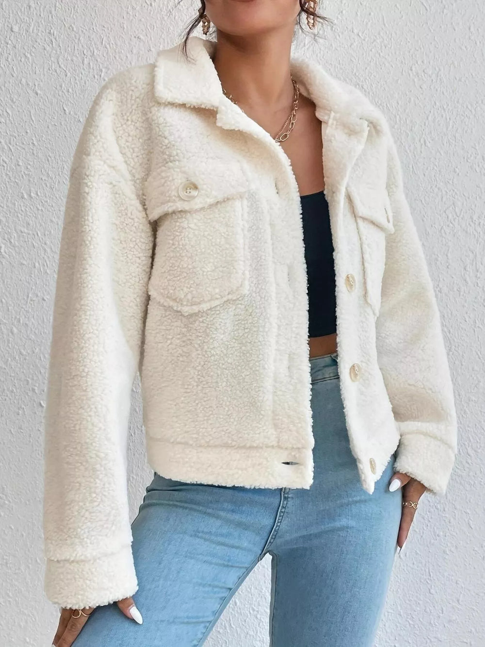 Full Size Cozy Faux Shearling Button Up Jacket Plus Size