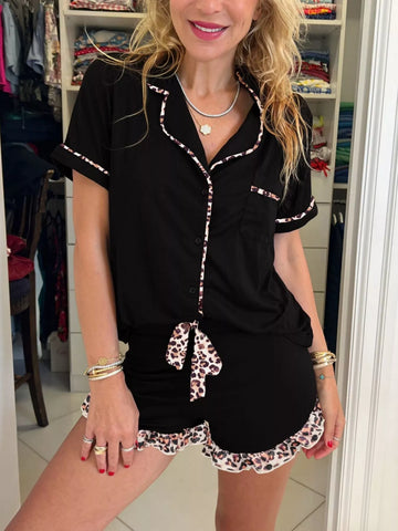 Leopard Trim Pajama Short Set