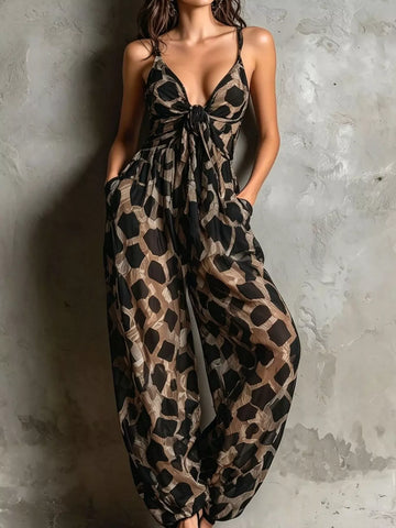 Geometric Print Wide-Leg Jumpsuit with Front Tie Detail