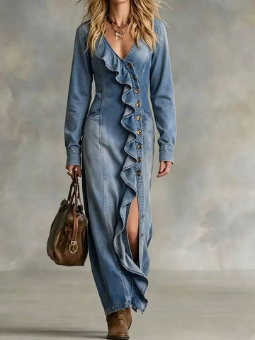 Ruffled V-Neck Denim Maxi Dress