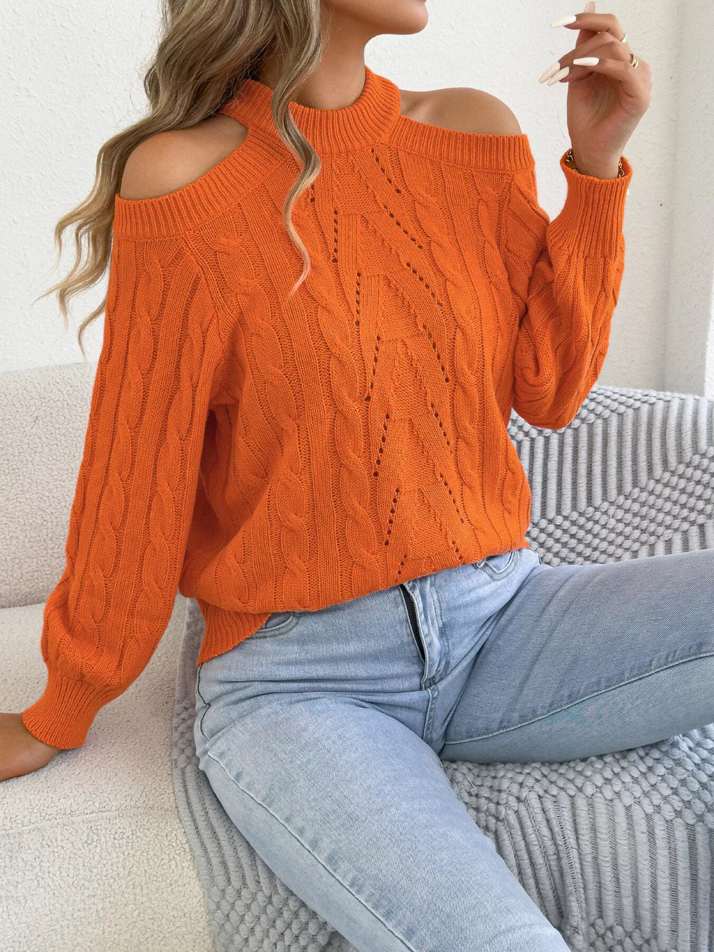 Cold Shoulder Cable Knit Sweater