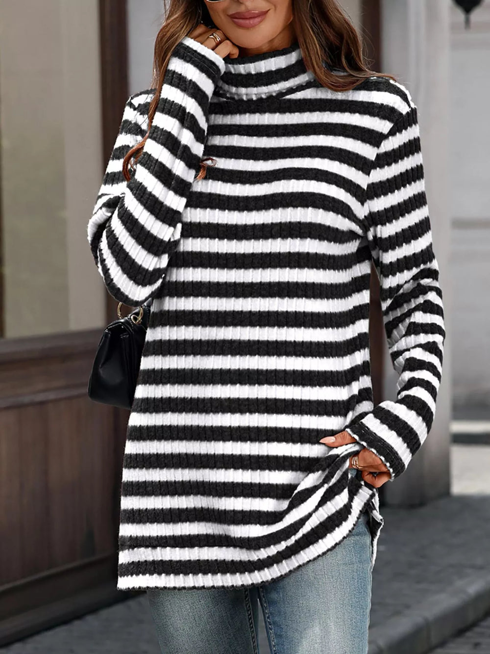 Striped Ribbed Knit Turtleneck Long Sleeve T-Shirt