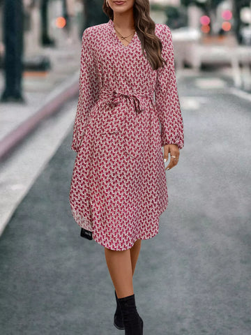 V-Neck Long Sleeve Printed Dress