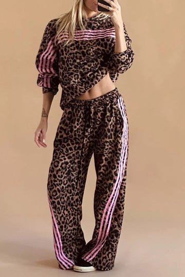 Leopard Print Contrast Striped Detail Long Sleeve Top Pant Set