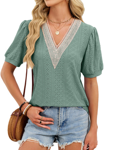 V Neck Lace Short Sleeve T-Shirt