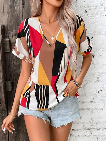 Printed V Neck Short Sleeve Blouse