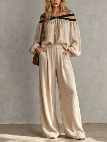 Off-Shoulder Crisscross Cutout Ribbed Knit Top and Wide-Leg Pants Set