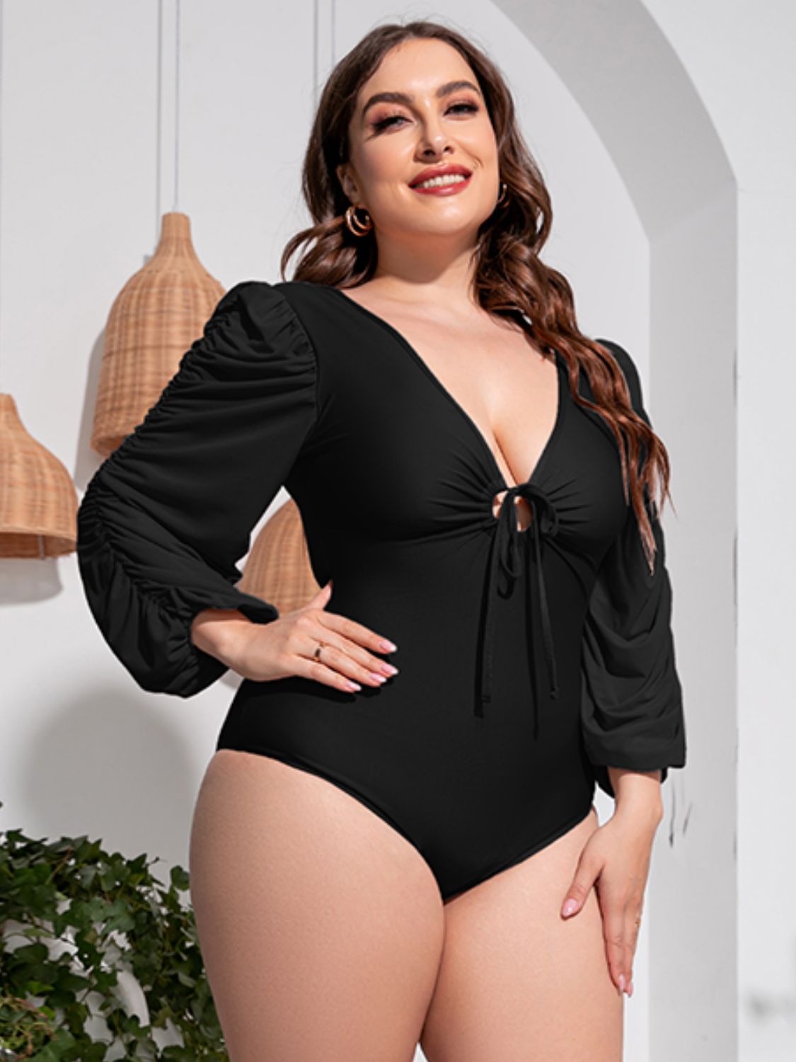 Plus Size Tied Deep V Balloon Sleeve One-Piece Swimsuit selected from Coastal Swimwear for The Coastal Swim Edit: Confidence in Every Curve