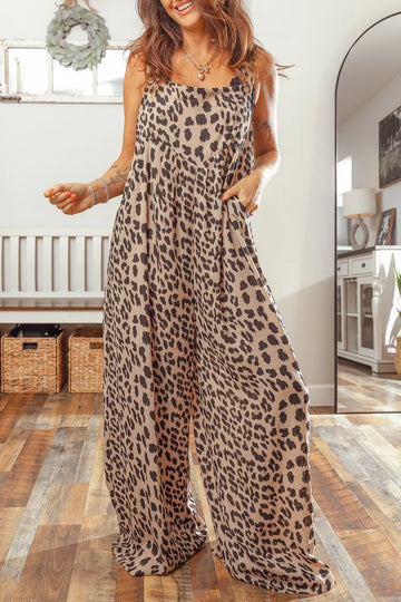 Leopard Print Square Neck Pleated Wide Leg Jumpsuit