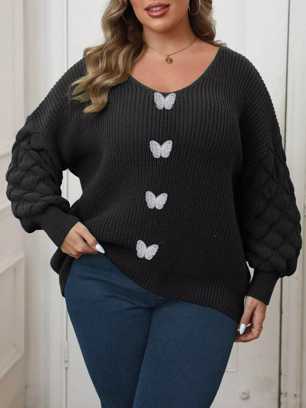Plus Size Butterfly Dropped Shoulder Sweater