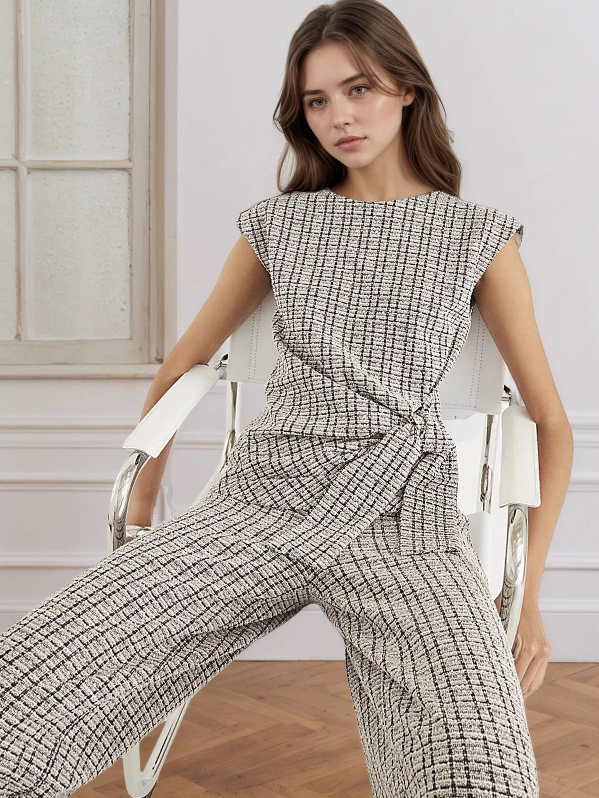 Tied Round Neck Top and Pants Set