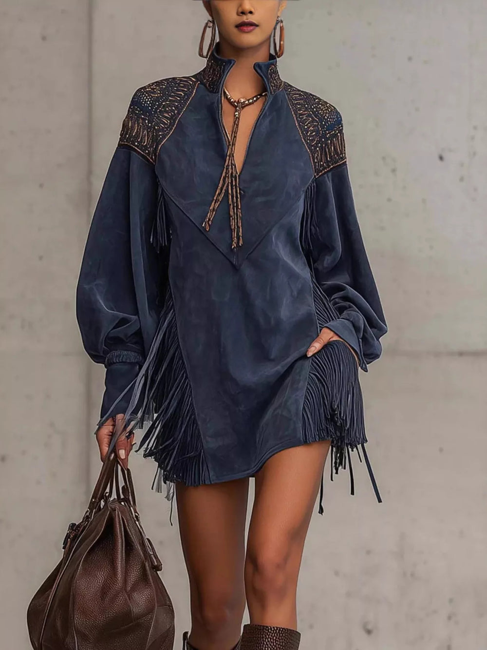 Fringed Lantern Sleeve Mini Dress