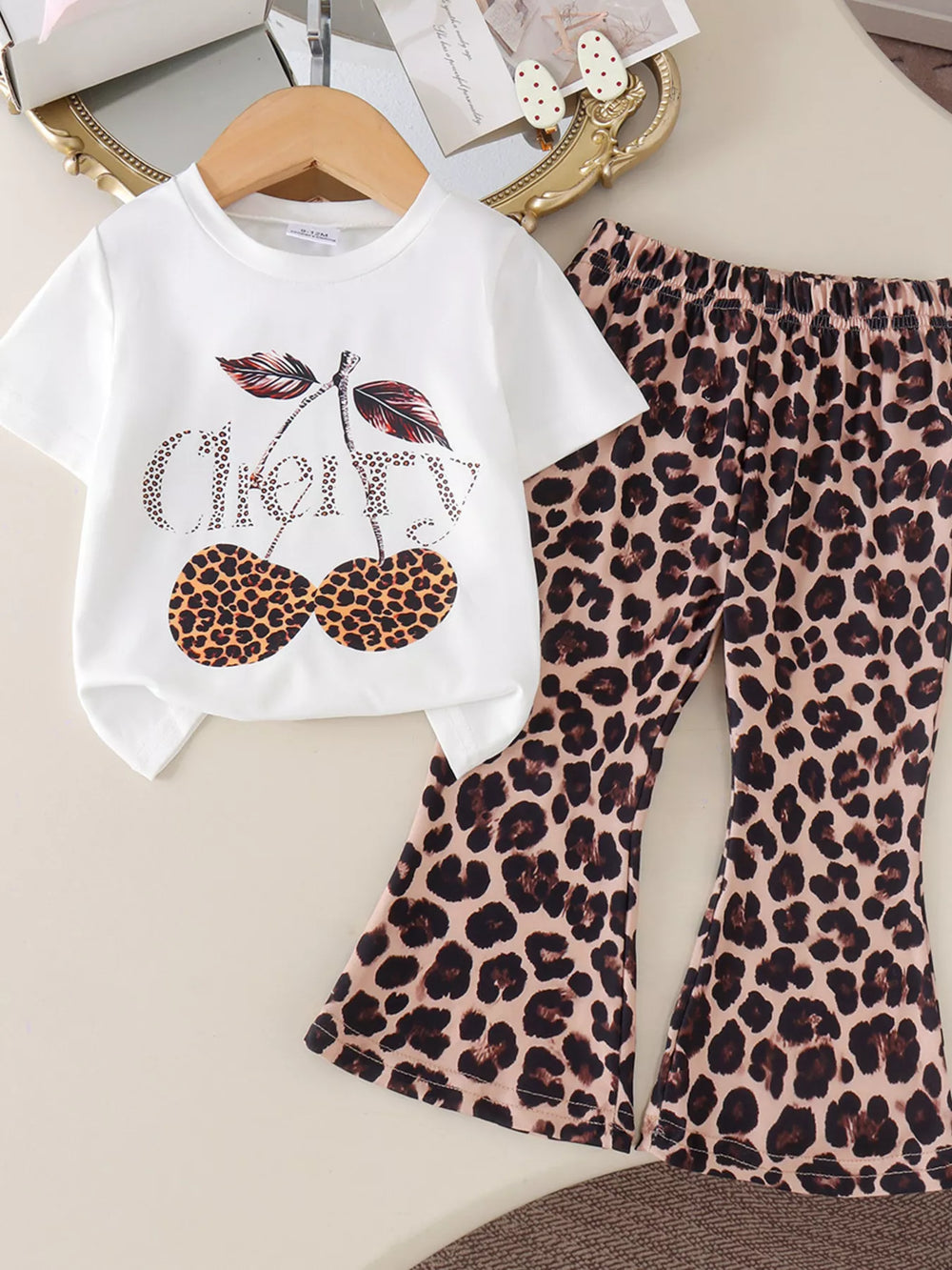 Children's Cherry Leopard Tee and Flare Pants Set