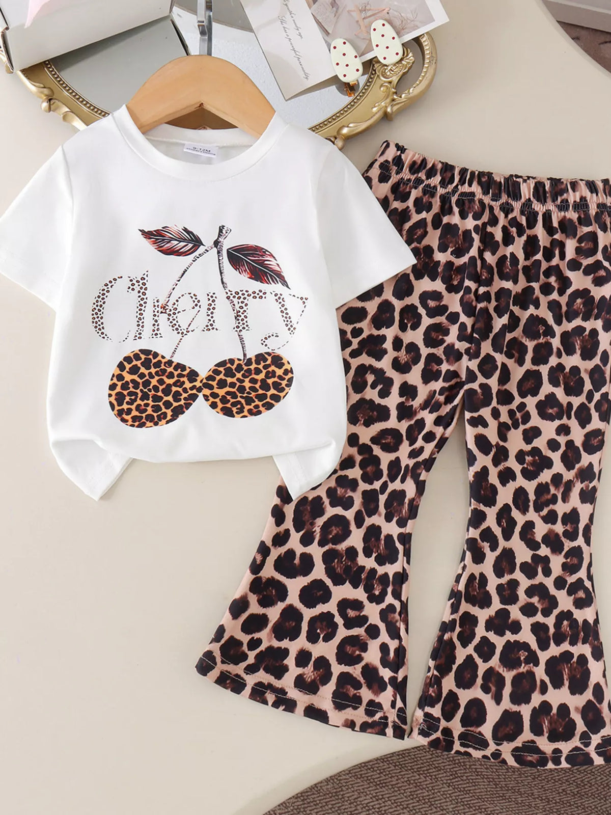 Children's Cherry Leopard Tee and Flare Pants Set