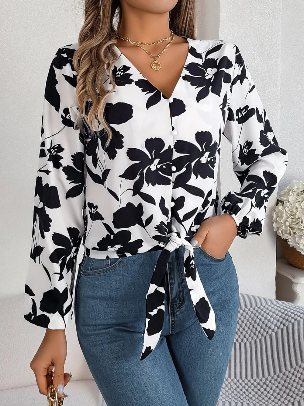 Printed V Neck Long Sleeve Blouse