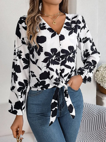 Printed V Neck Long Sleeve Blouse