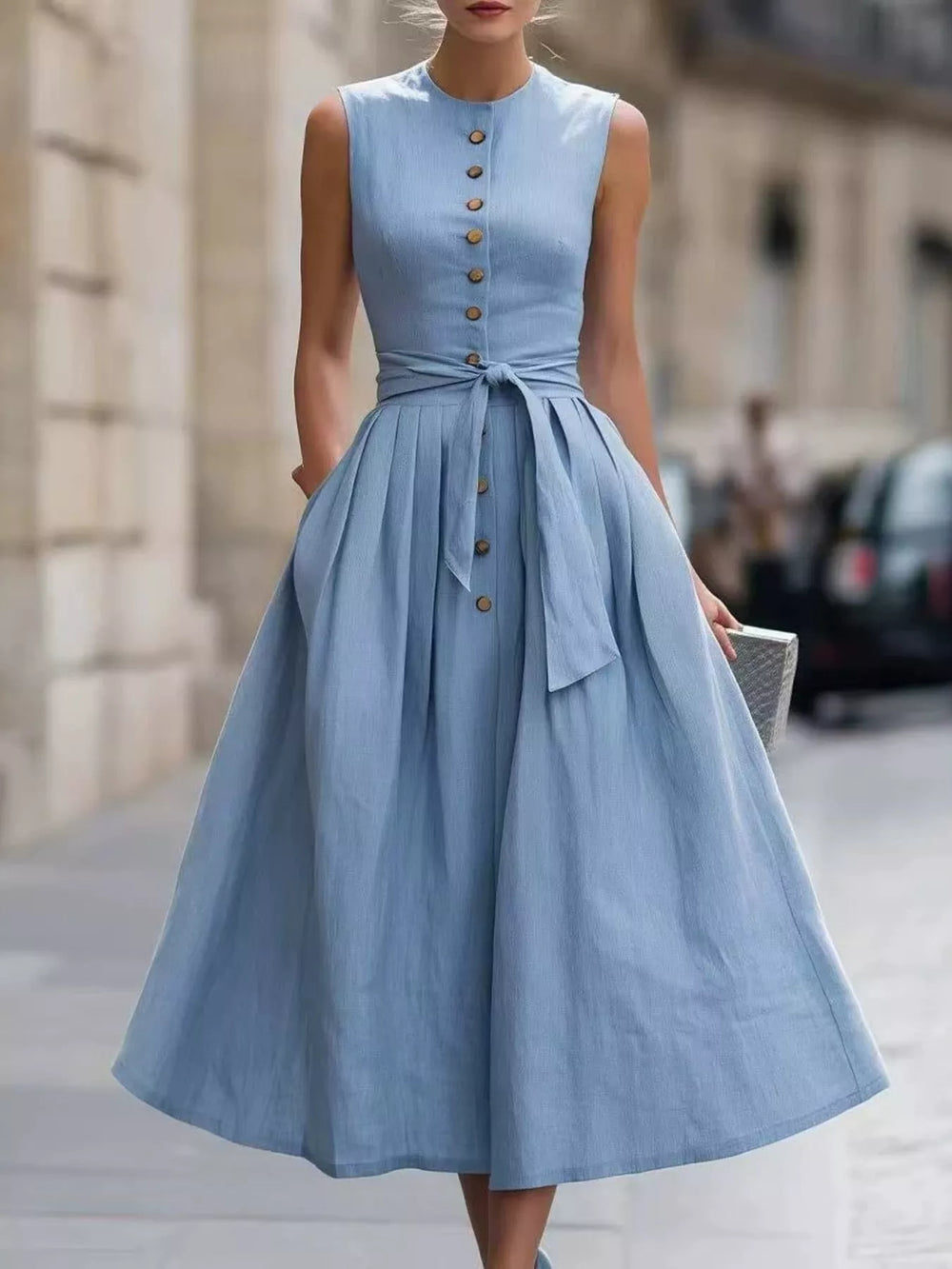 Full Size Sleeveless Button Front Belted Midi Dress Plus Size
