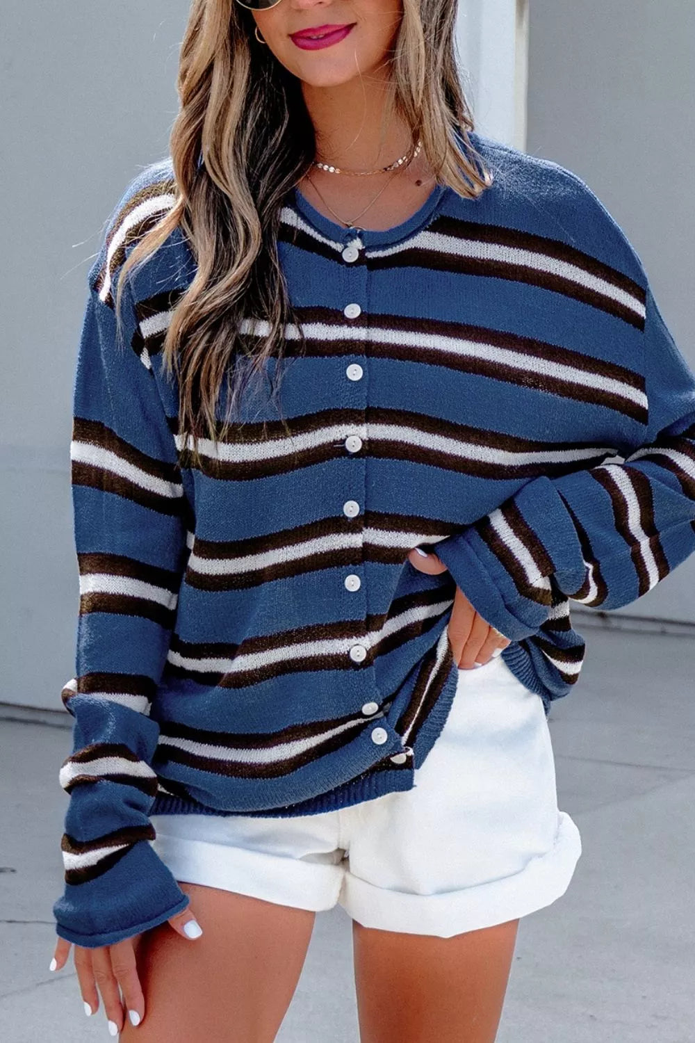 Stripe Striped Drop Shoulder Button Cardigan