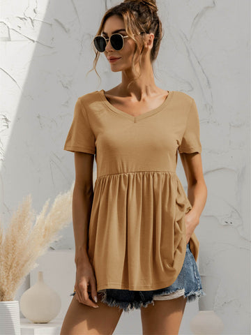 V Neck Short Sleeve Babydoll Top