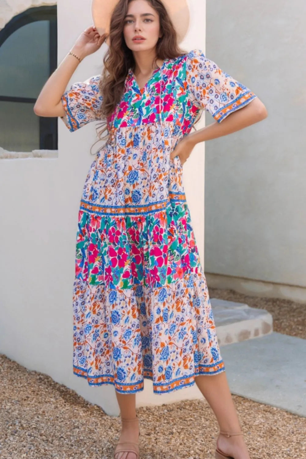 Mixed Floral Print Tie Neck Short Sleeve Dress selected from Short-Sleeve Dresses for Easy Presence: The Short-Sleeve Dress Edit