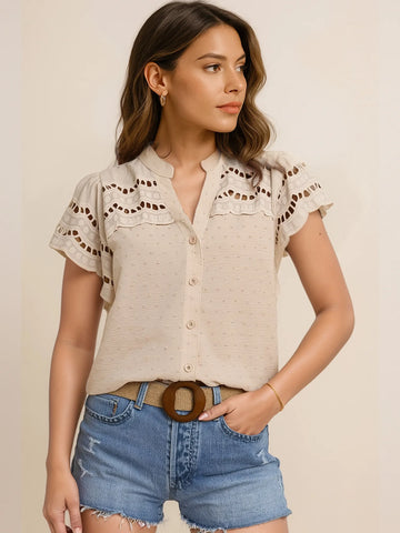 Swiss Dot Cutout Button Front Shirt