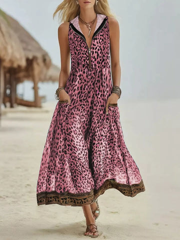 Leopard Zip Front Hooded Dress