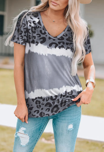 Leopard V Neck Short Sleeve T-Shirt