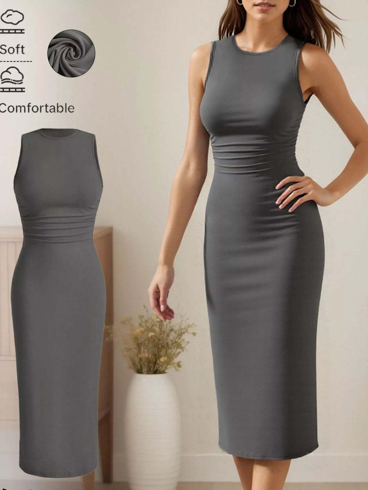 Sleeveless Round-Neck Midi Dress