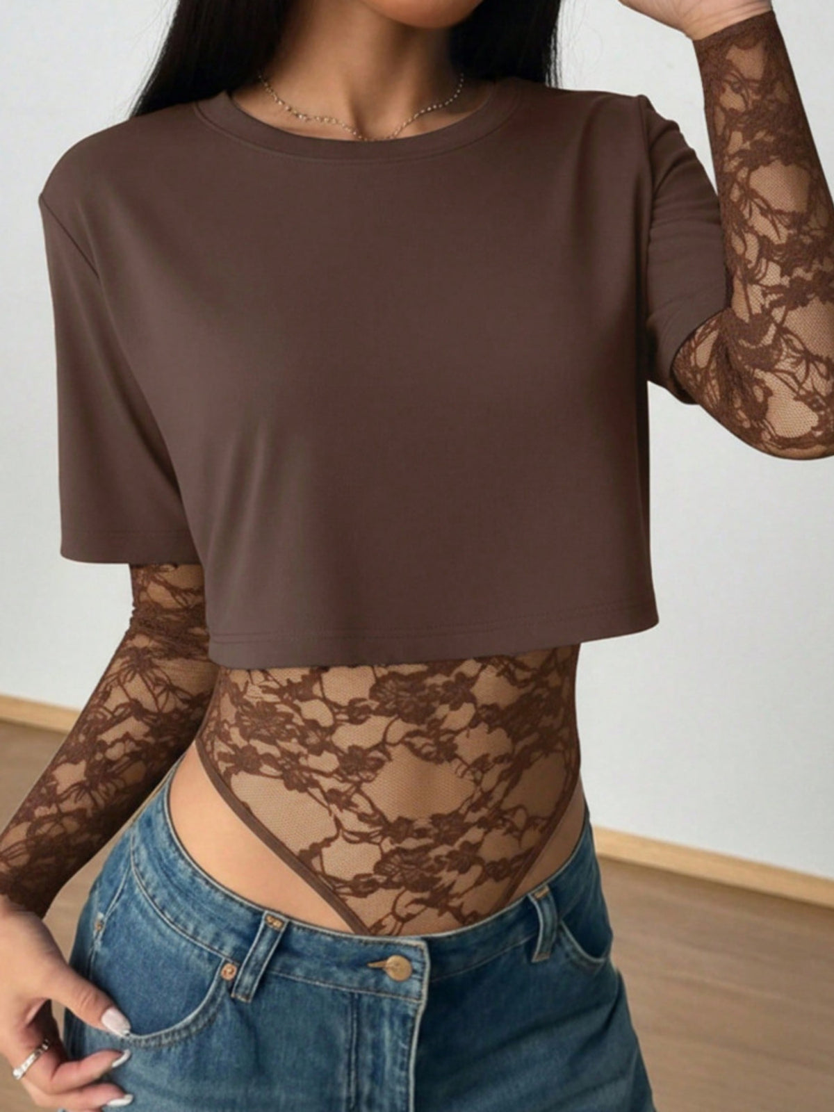 Lace Patchwork Round-Neck Bodysuit