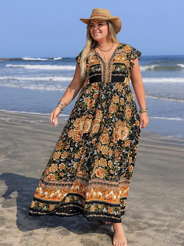 Plus Size Printed V Neck Ruffle Cap Sleeve Maxi Dress