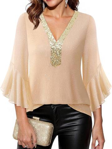 Sequin V Neck Flounce Sleeve Blouse