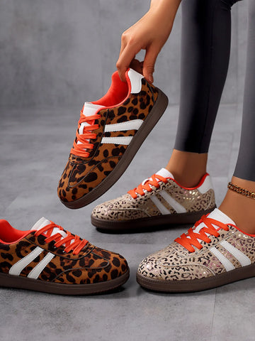 Leopard Print Stripe Detail Lace up Sneakers