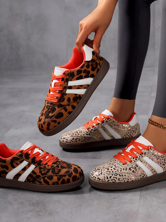 Leopard Print Stripe Detail Lace up Sneakers