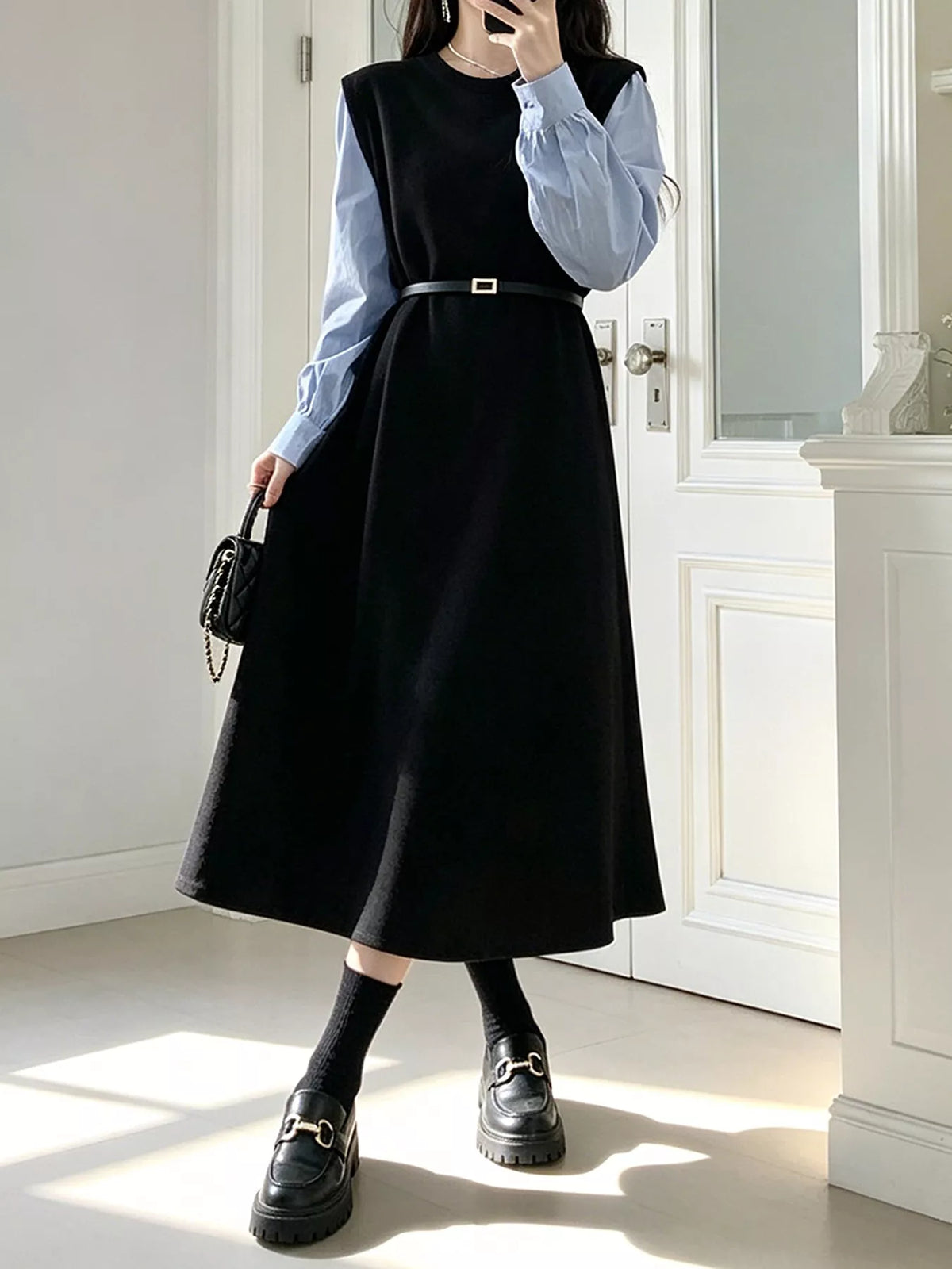 Contrast Sleeve A Line Dress with Belt