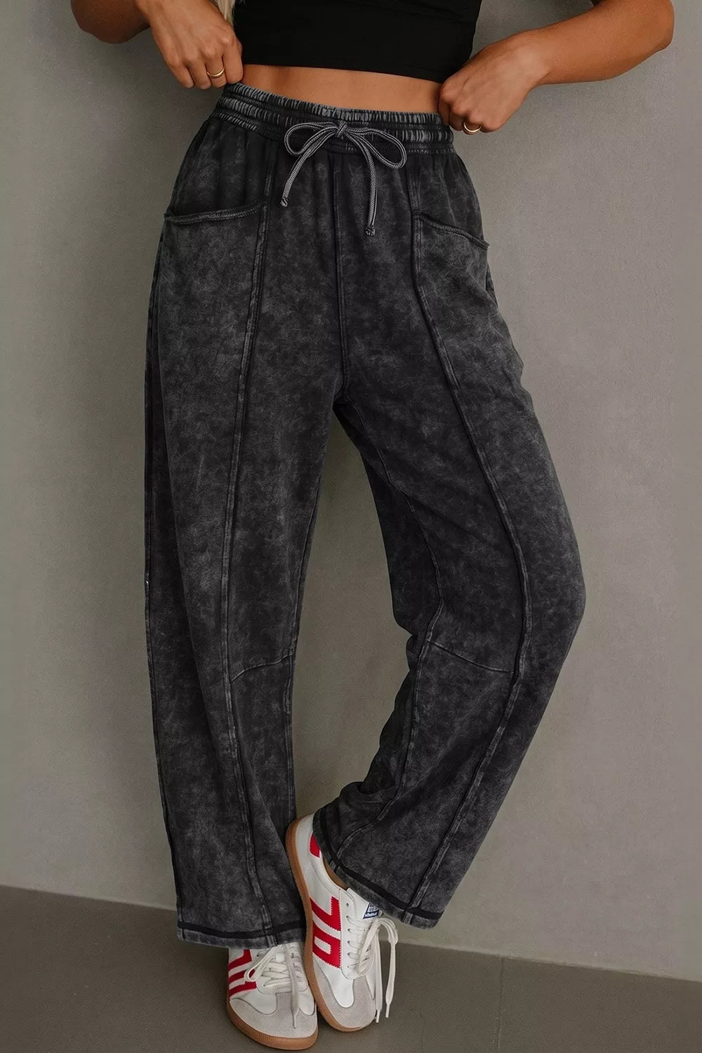 Mineral Wash Raw Seam Drawstring Elastic Waist Barrel Pants