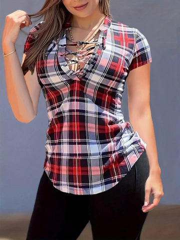 Plaid Lace Up Short Sleeve Blouse