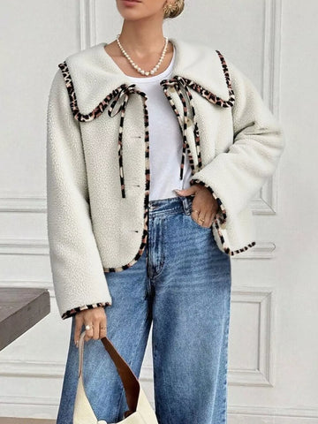 Leopard Trim Contrast Collar Sherpa Jacket