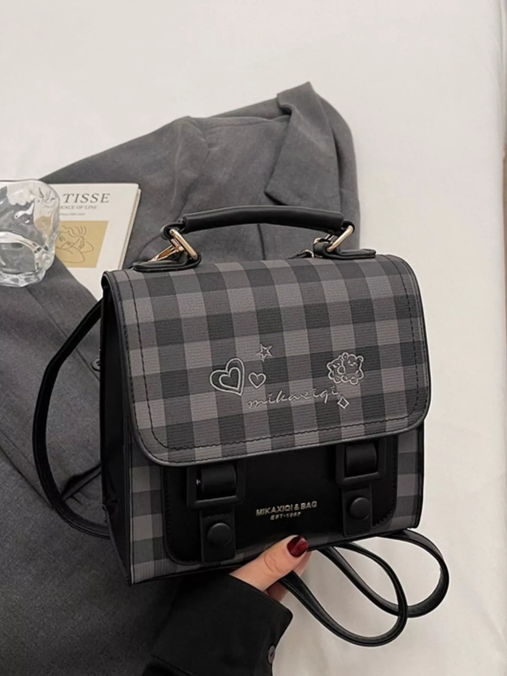 Plaid Pattern Embroidered Flap Backpack Bag