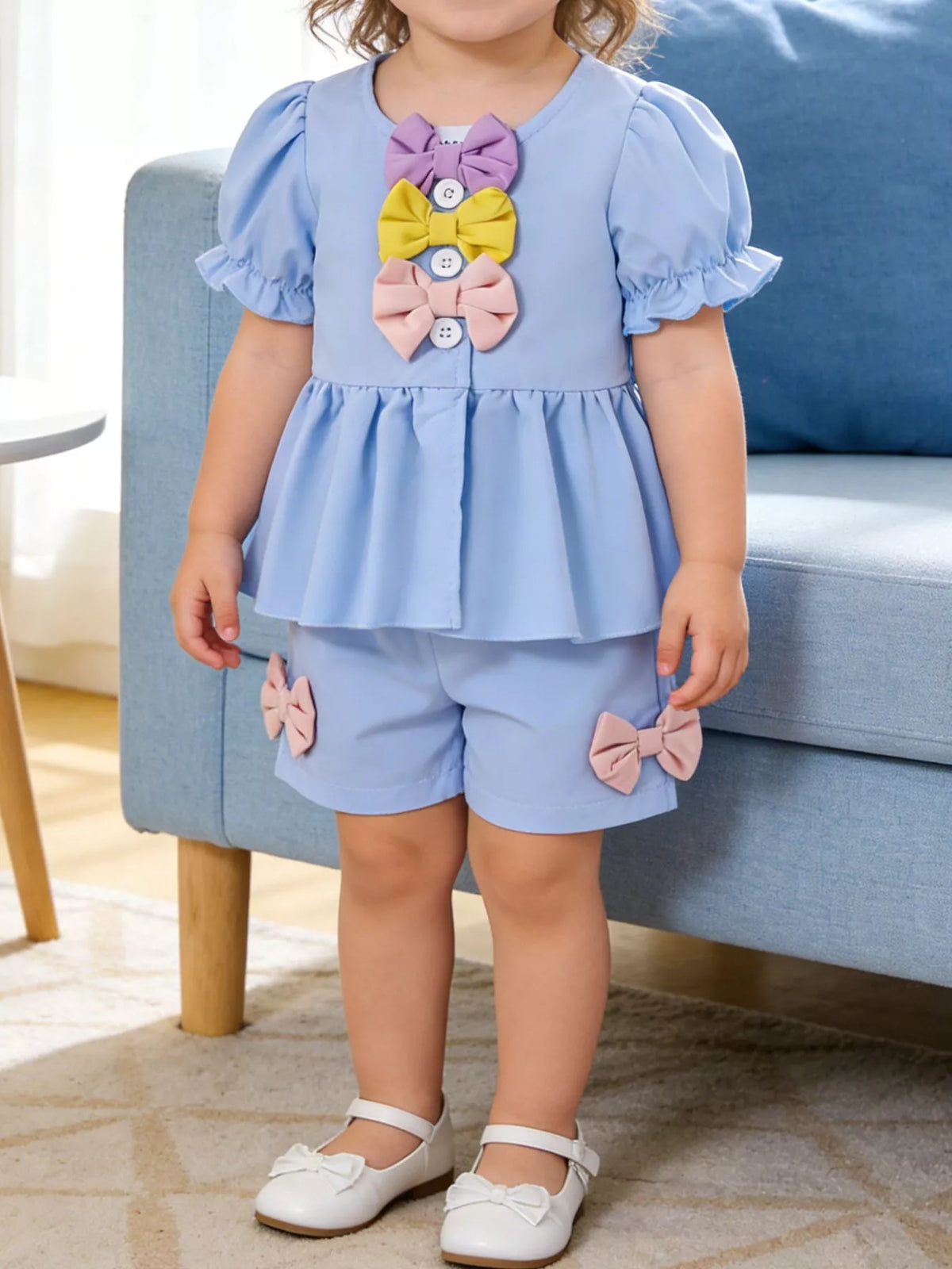 Children's Bow Puff Sleeve Top and Shorts Set
