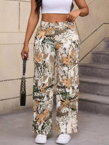 High-Waisted Camouflage Print Cargo Pants